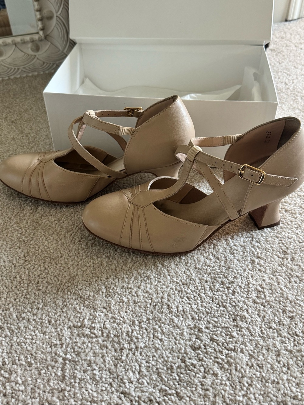 LaDuca Classic Beige T-Strap Mid Heel Dress Pumps